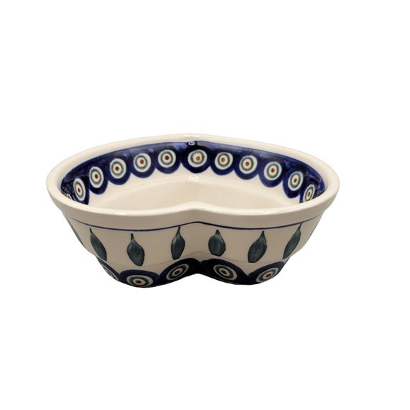 Polish Bolesawiec Pottery Peacock Pattern Heart Shaped Bowl Folk Art Blue - Picture 4 of 7